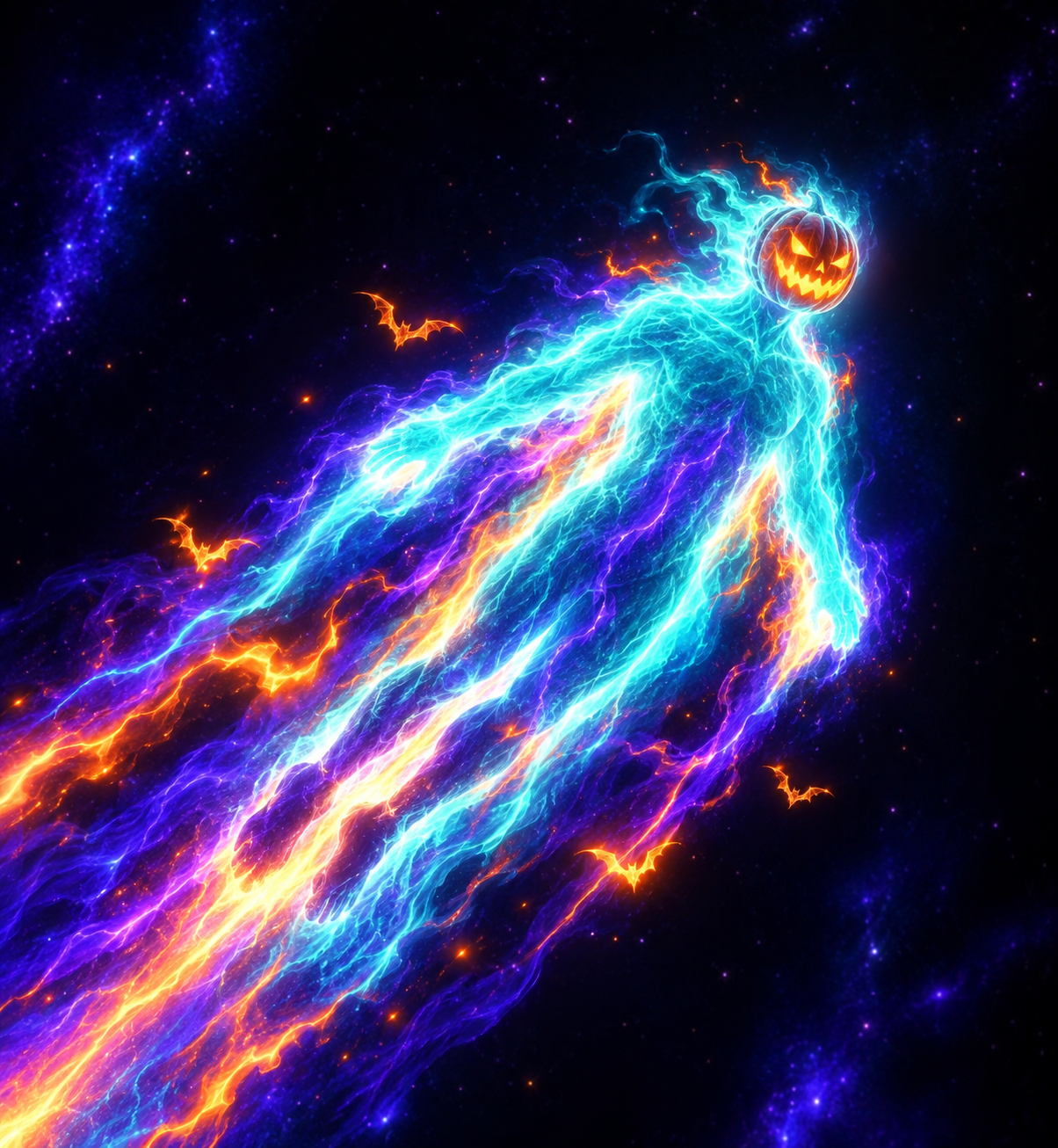 A spectral pumpkin-headed ghost accelerating through space in trails of cyan, violet and orange fire